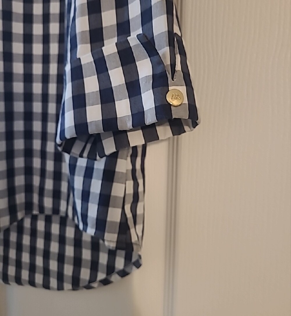Anne Klein Navy and White Gingham Button-Front Tie Hem Shirt - Picture 3 of 6